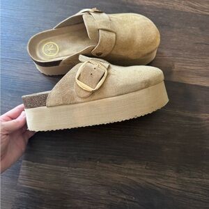 Tan Suede Platform Clogs